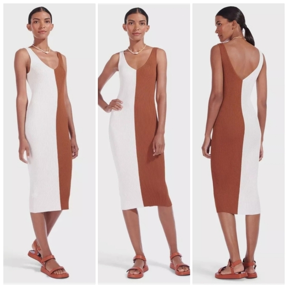 New Staud Dana Ribbed Knit V-Neck Sleeveless Tan/White Midi Dress NWOT Medium - Picture 7 of 16